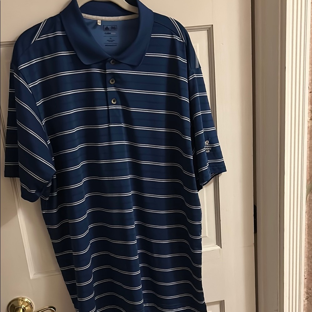 Adidas Athletic Blue and White Striped Polo Shirt